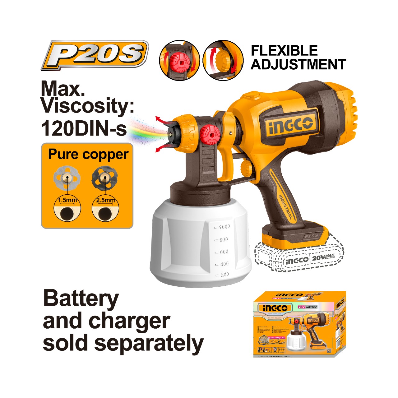 CSGLI2004 INGCO 20V Lithium-Ion Spray Gun 1000ml - Image 1