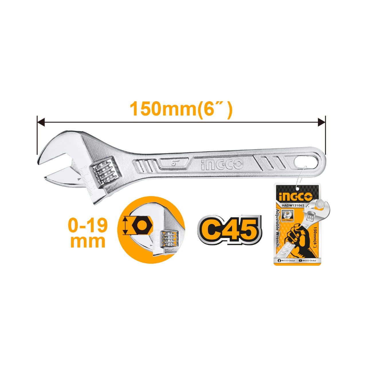 HADW131062 INGCO Adjustable Wrench 150mm - Image 1