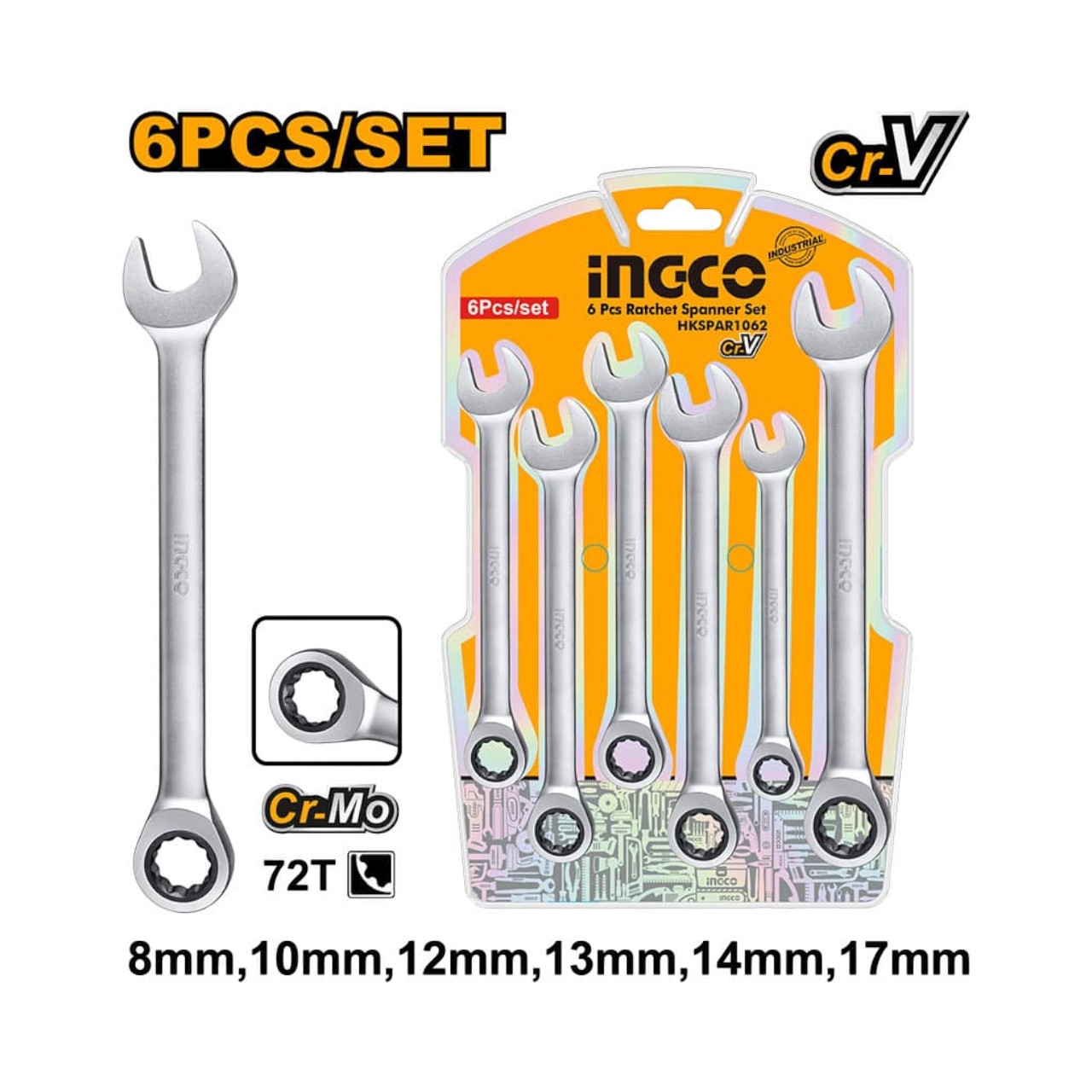 HKSPAR1062 INGCO 6 Piece Ratchet Spanner Set 8-17mm - Image 1